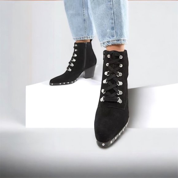 ASOS Retro Glamour Zip/ Lace-up Studded Black Suede Ankle Booties US Sz 6 - Picture 7 of 8